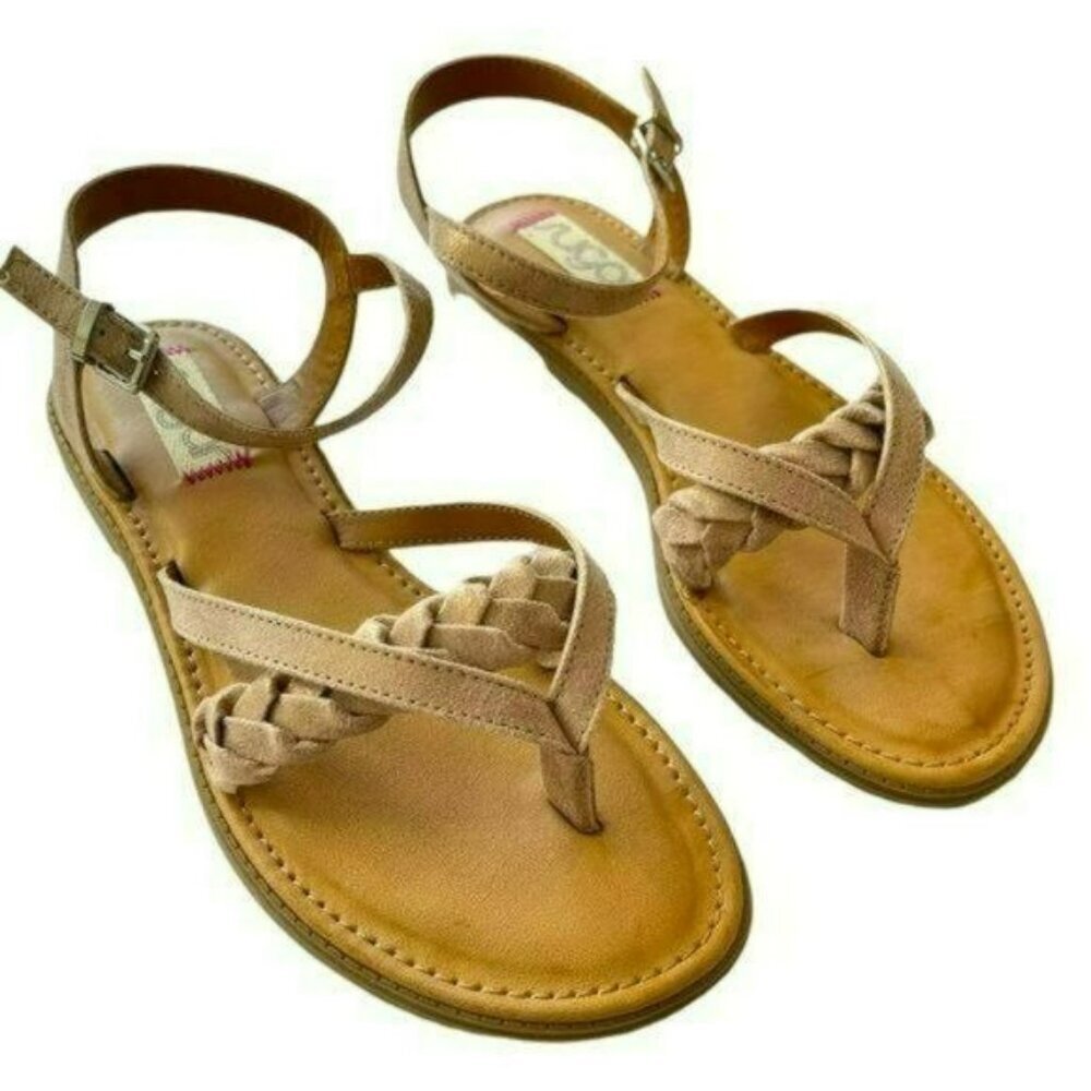Sugar Shoes Braided Strappy Metallic Champagne Tan Sandals NIB Size 7.5